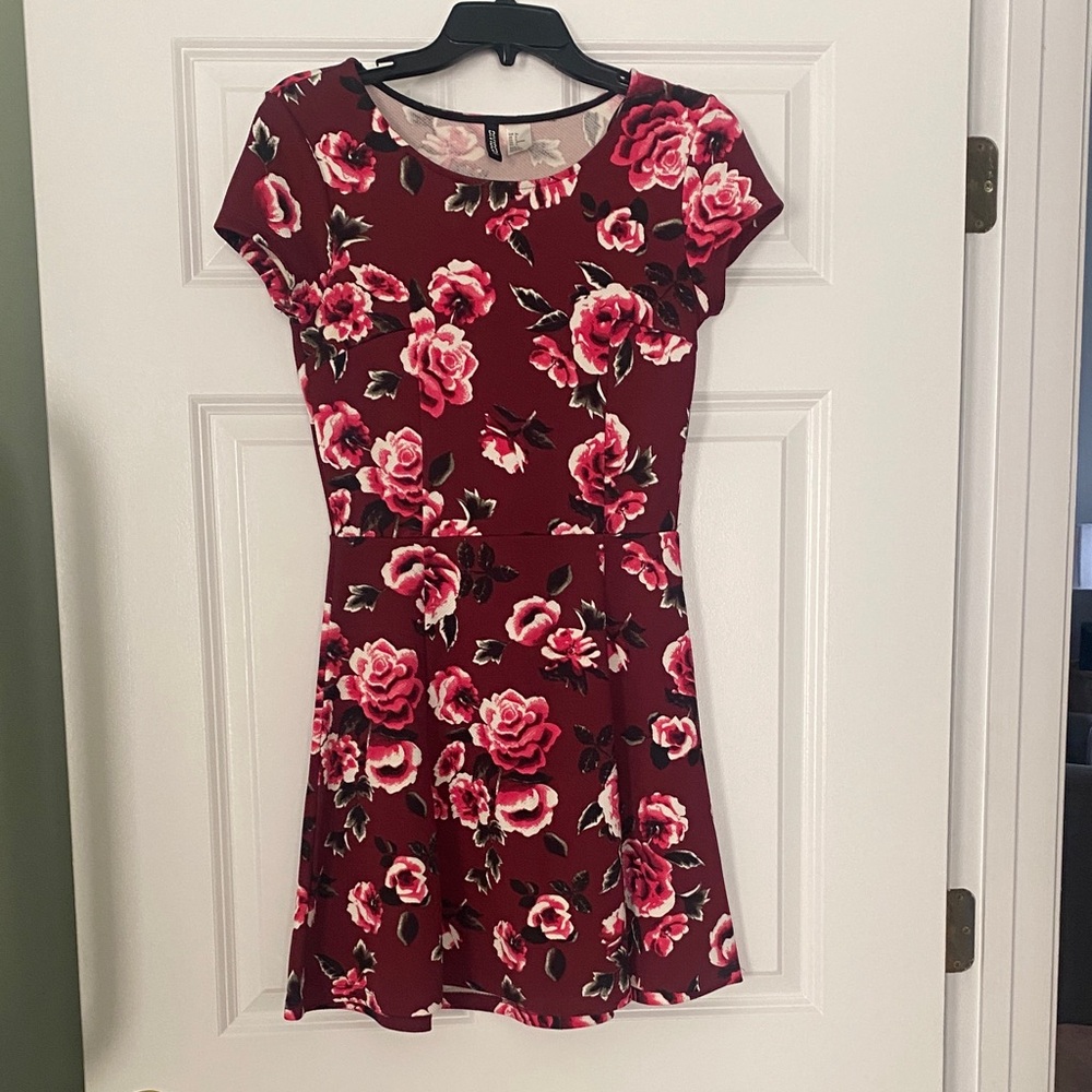 H&M Burgundy and Pink Floral Mini Dress